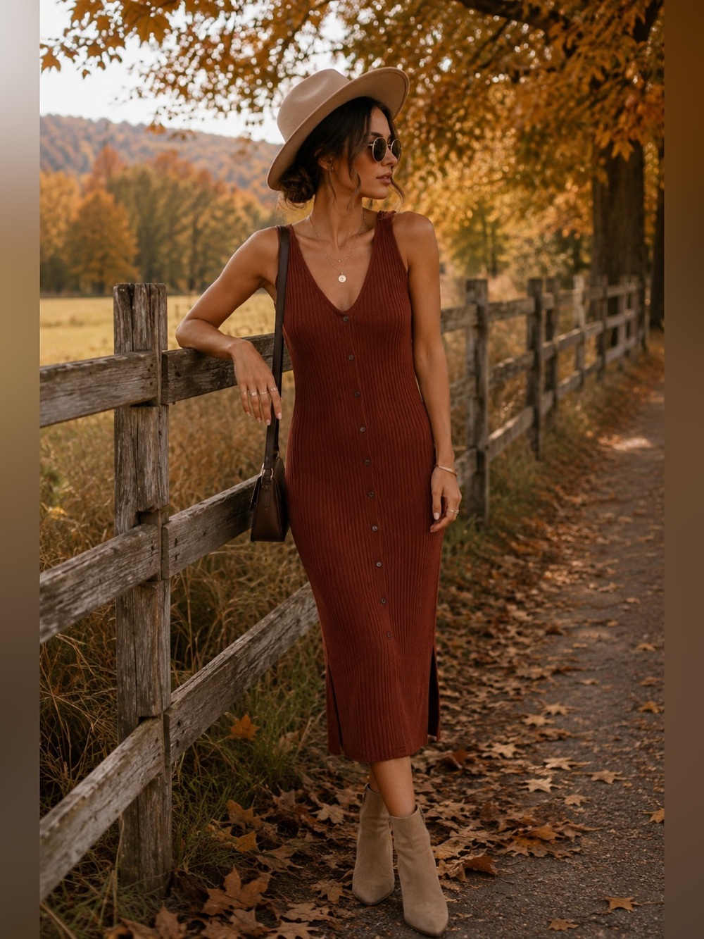 NYTT Ribbed Knit Midi Dress Rust Sleeveless Button Front | XS